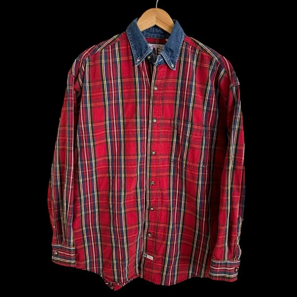 Vintage American Eagle Mens Medium Plaid Denim Button Down Shirt Mid Weight Red